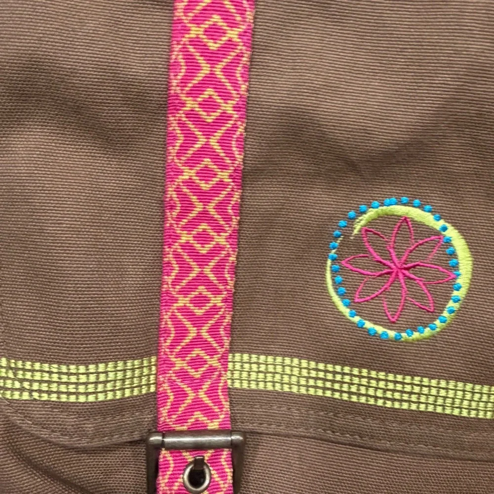 American Girl Brown Canvas Messenger Crossbody Bag Pink Yellow Embroidery Kids